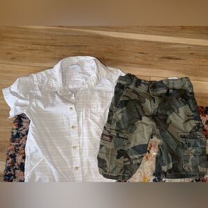 size 5/6 kids White Button-Up Shirt and Camouflage Shorts